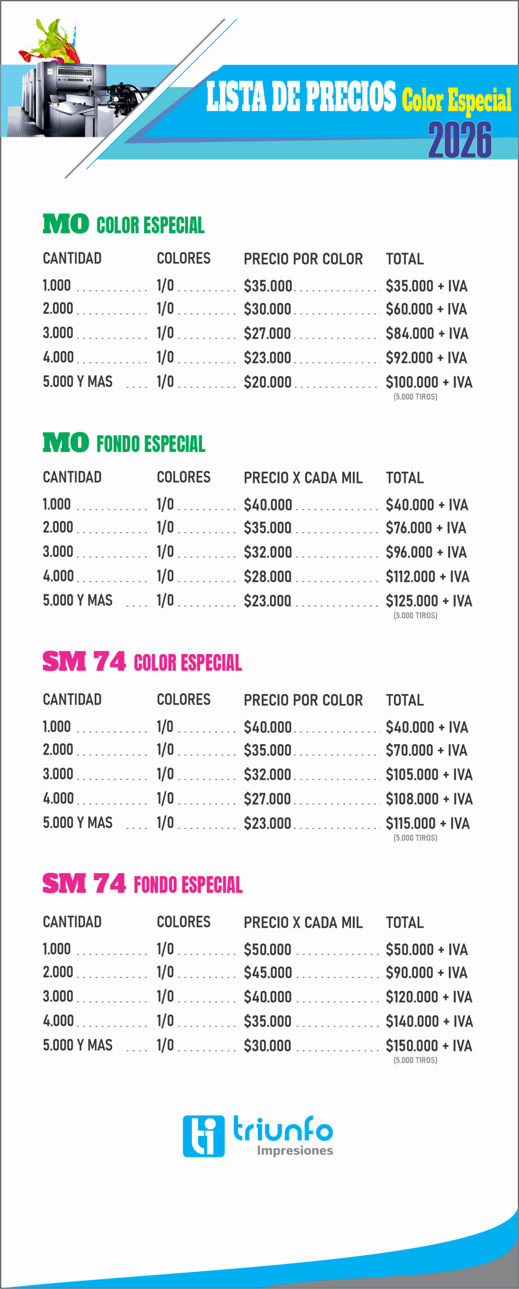 LISTA DE PRECIOS TRIUNFO 2026 - Descuentos por tiraje color especial
